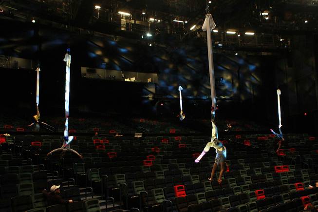 Aerialists during a rehearsal for the Cirque du Soleil benefit "One Night | One Drop" Thursday, March 6, 2014 at the MJ One theater at Mandalay Bay.